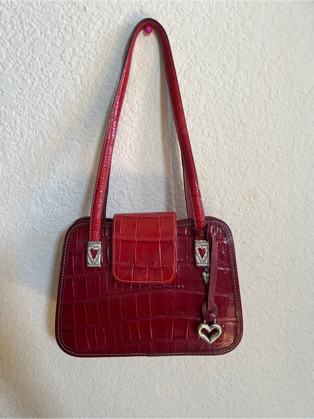 Brighton Greta Red Croc Embossed Leather Shoulder Bag | Silver Heart Hardware - Picture 2 of 9
